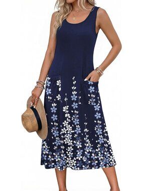 Women's Navy Blue Floral Crewneck Midi Summer Sleeveless Dress Beach Sundress